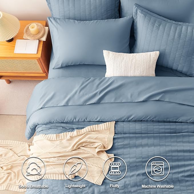 CozyLux Full Size Comforter Sets with Sheets 7 Pieces, Grayish Blue Seersucker Bed in a Bag Textured Luxury Soft Dusty Blue Bedding Sets with Down Alternative Comforter, Sheets, Pillowcases & Shams