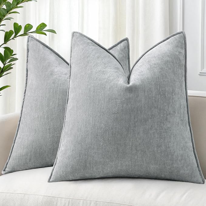 decorUhome Summer Couch Euro Sham Throw Pillow Covers 26x26 Set of 2, Decorative Soft Velvet Modern Cozy Chenille Pillow Cases with Elegant Design for Sofa Bed Living Room Home Decor, Ultimate Gray