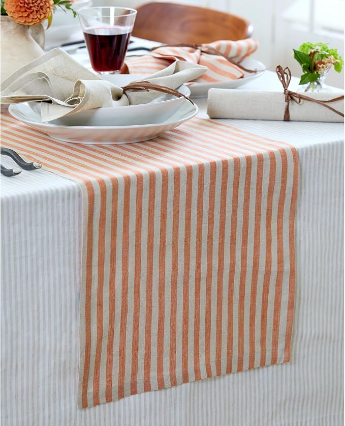 Solino Home Table Runner 90 Inches Long - Amalfi Stripe, 100% Pure Linen Pumpkin and Natural Table Runner 14 x 90 Inch for Dining