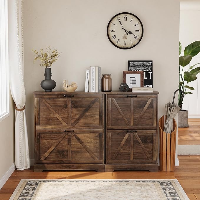 Semiocthome Farmhouse Shoe Storage Cabinet with 2 Flip Drawers, 31.5"(W) Freestanding Shoe Organizer with Barn Door and Metal Handles for Entryway, Corner Rustic Narrow Shoe Rack Cabinet - Walnut