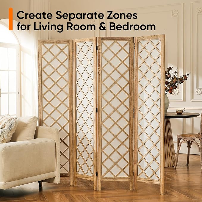 Decorative Japanese Shoji Screen Room Divider, 4-Panel Diamond Lattice Partition, Lightweight Folding Privacy Screen for Bedroom, Beige, 67" H x 64" W