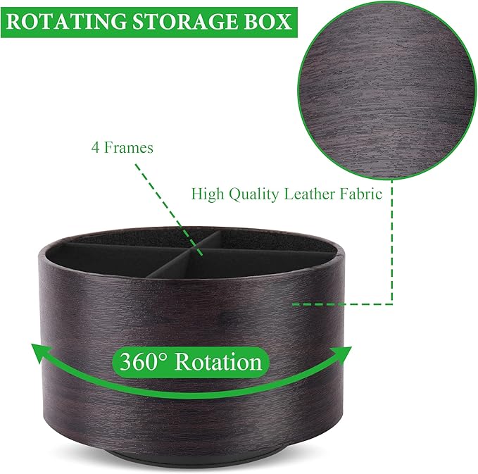 Round Leather Art Supply Organizer,Remote Control Holder,360 Degree Spinning,Multi-Functional Pencil Holder,4 Compartments Desktop Stationary Organizer(1-Dark Brown2)