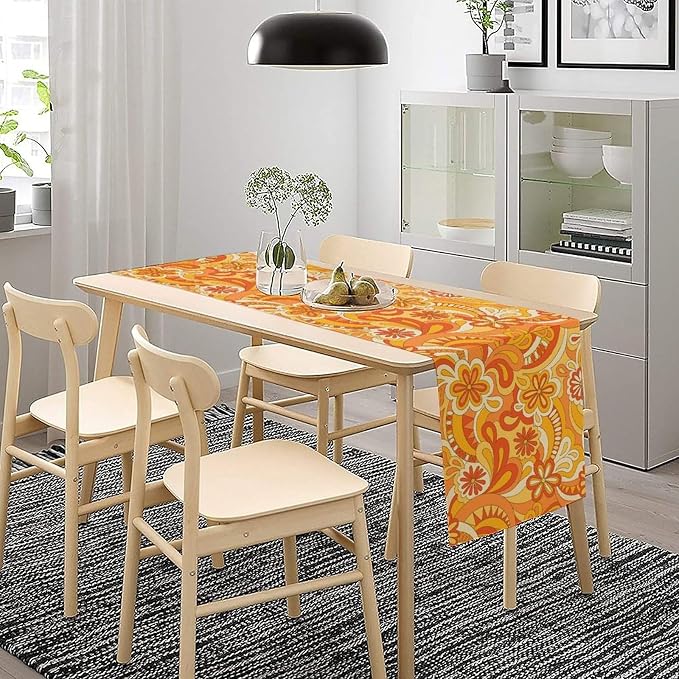 Vintage Groovy Florals Table Runner Nostalgic Retro Hippie 70s Wavy Abstract Flowers Dinner Runner for Home Kitchen Dining Table Holiday Party Decor 13"x36"