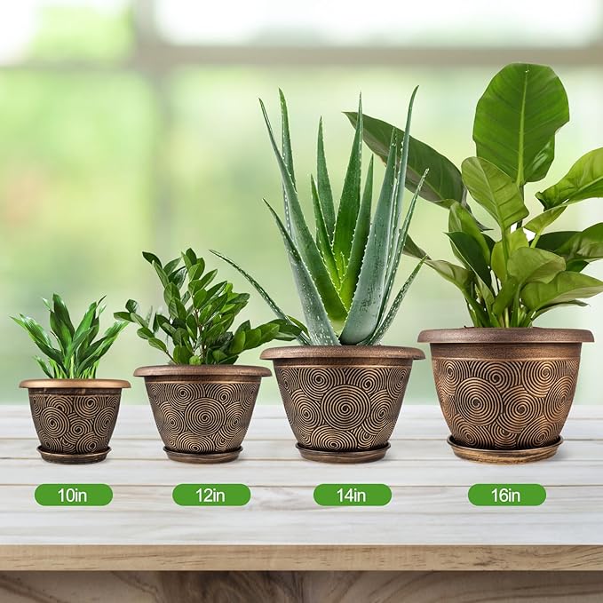 Fodetyff 10 Inch Flower Pots Planters for Indoor Outdoor Plants, 3 Pack Plastic Large Plant Pots with Drainage Hole & Tray, Modern Decorative Garden Pot with Saucer, Plant Container for House