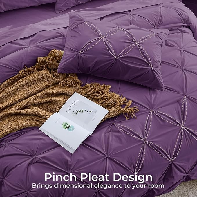 Sasttie King Size Comforter Set, 7-Piece Bed in a Bag, Pintuck Bedding Set for All Season, Includes Comforter, Flat Sheet, Fitted Sheet, Pillowcases and Pillowshams, Grape Purple
