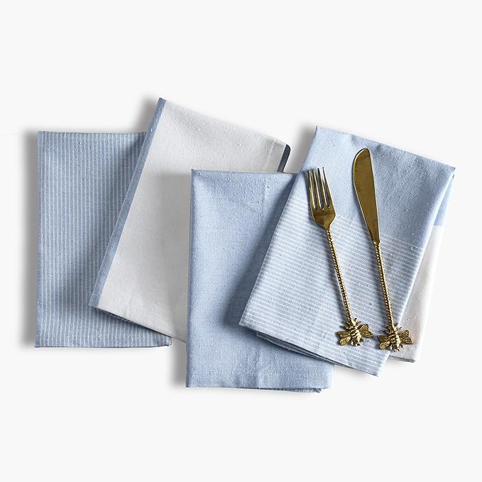 Palisa 100% Cotton Cloth Dinner Napkins [Pack of 4, Light Blue] Striped Pattern Reusable Table Linen Napkins for Home & Kitchen | Parties & Farmhouse Dining Décor 18x18 Inch