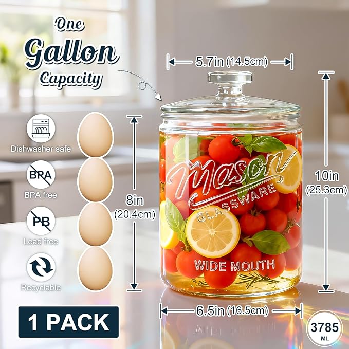 1 Gallon Glass Cookie Jar with Lid Airtight, Large Wide Mouth Sourdough Starter Jar for Baked Goods - Glass Storage Container for Pantry Organizer, Laundry Room, Flour, Dog Treats, Meal Prep