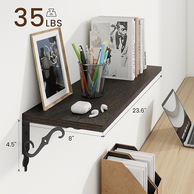 RICHFOCUS Floating Shelves for Wall Decor, 24Inch Shelves Set of 2, 24W x 8D Black Floating Shelves Wall Mounted with Metal Brackets, Rustic Wood Shelves for Living Room Bedroom Kitchen