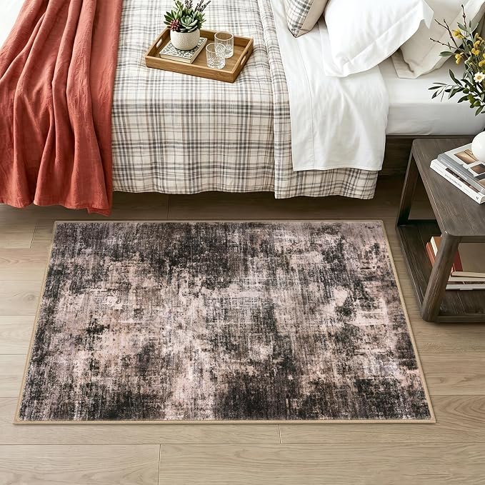 IOHOUZE Abstract Area Rug 3x4 Ft Washable Rugs for Entryway Indoor, Non Slip Kitchen Rug Printed Faux Wool Throw Rugs, Indoor Door Mat for Door Entrance Foyer Living Room, Brown/Rust
