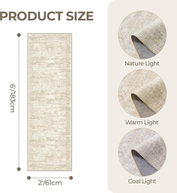 Washable Runner Rugs for Bedroom - 2x6 Runner Rug Non Slip, Ultra-Thin Entryway Runner, Soft Abstract Kitchen Runner for Hallway, Laundry, Bathroom, Indoor Door Mat(2'x6', Beige/Ivory)