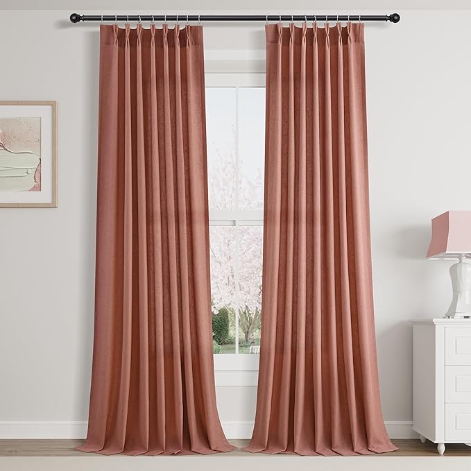Aersas Canyon Rose Pinch Pleated Linen Curtains 96 Inch Length 2 Panels for Living Room Bedroom Semi Sheer Window Curtain Boho Neutral Back Tab Pinch Pleat Drape with Hooks 40x96