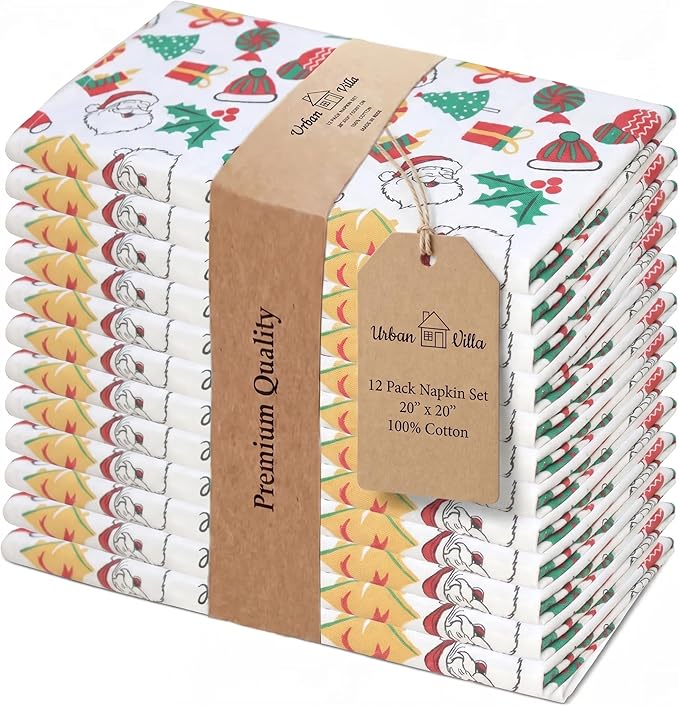 Urban Villa Cloth Napkins 100% Cotton Highly Absorbent Washable Durable Reusable Premium Dinner Napkins Ideal for Gifts for Mothers Day Hotel Farmhouse Parties - Xmas Print (20" x 20", Set of 12)