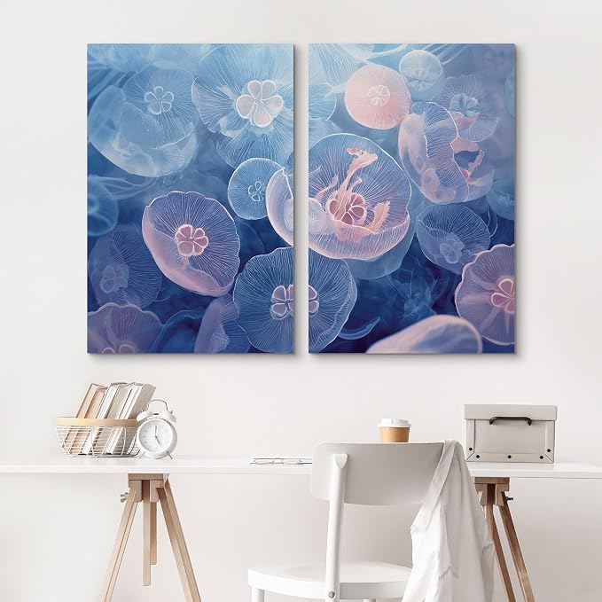 SIGNLEADER Canvas Print Wall Art Set Pastel Blue Jellyfish Ocean Coastal Marine Life Jellyfish Illustrations Modern Relax/Calm Multicolor for Living Room, Bedroom, Office - 16"x24" x 2