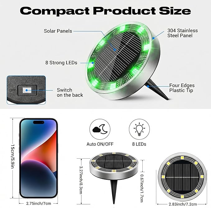 Peasur Mini Solar Ground Lights Outdoor, 2 Pack Flat Solar Powered Disc Lights, IP68 Waterproof, Anti-Rust, Landscape Lighting for Pathway Garden Yard Lawn Walkway Landscape Driveway, Green