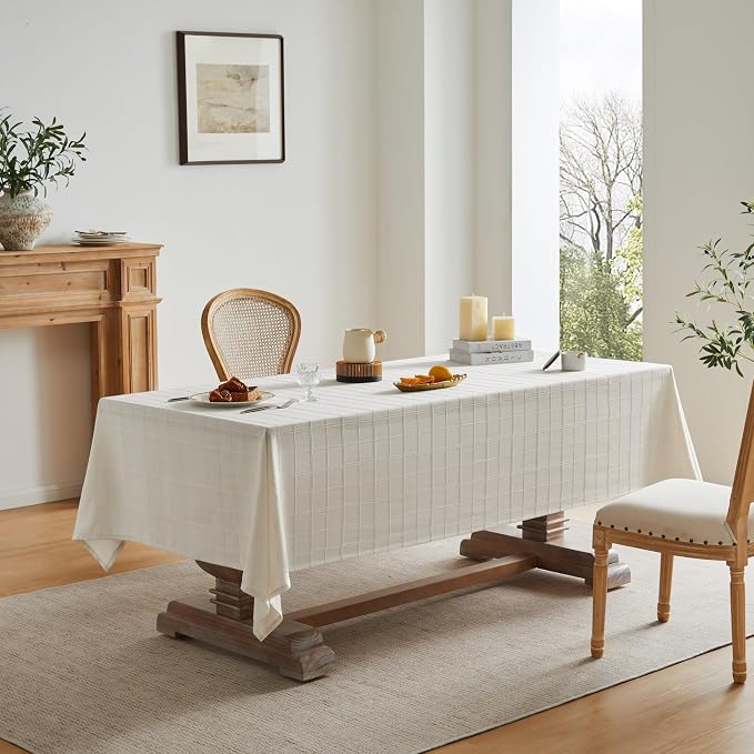 ZeeMart Linen Checked Table Cloth 60x60 Inches, Farmhouse Style Plaid Embroidered Off White Water Resistant Square Table Cover, Ivory