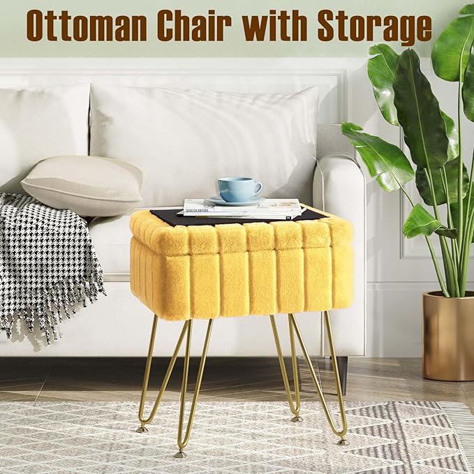 Greenstell Vanity Stool Chair Faux Fur with Storage, 15.7"L x 11.8"W x 19.4"H Soft Ottoman 4 Metal Legs with Anti-Slip Feet, Furry Padded Seat, Modern Multifunctional Chairs for Makeup, Bedroom,Yellow