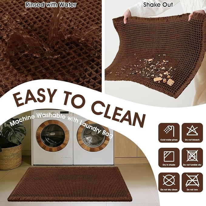 Extra Large Waffle Bath Mat, Boho Woven Modern Bath Rug Absorbent Non Slip, Ultra Soft Bathroom Mats, Machine Washable Knit Bath Rugs with Tassels for Bathroom, Bedroom, Kitchen, Tub, 5'x2', Brown