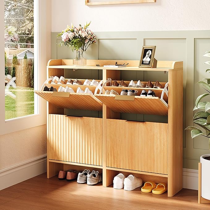 VINGLI 43.5" Large Oak Fluted Shoe Storage Cabinet with 4 Flip Drawers, Slim Entryway Shoe Organizer with Unique Curved Side Panels, Natural Wood Shoe Rack for Hallway, High Capacity Hidden Shoe Shelf
