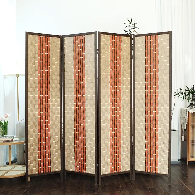 Furnnylane 4 Panel Rattan Room Divider, 5.9 ft Tall Double-Sided Blackout Folding Privacy Screen for Room Separation, with Beige and Orange Panels for Home & Office (70.9" H x 70.9" W)