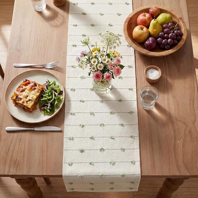 Artoid Mode Sage Green Boho Farmhouse Cotton Woven Table Runner, Seasonal Spring Summer Kitchen Dining Table Decoration for Home Party Decor 12x60 Inch