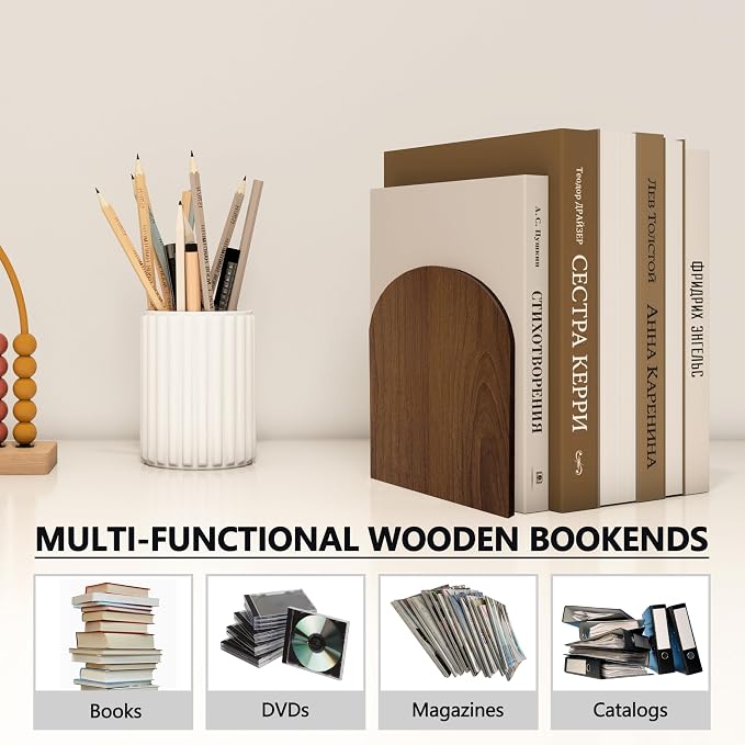 Brosisincorp Walnut Wood Book Ends for Shelves - Hand Polished Edges, Non-Skid Bookends for Heavy Duty Book Holders Office Desk Shelves Decorative Book Organizer, 6.69"H x 4.72"W x 3.94"L (2 Pairs)