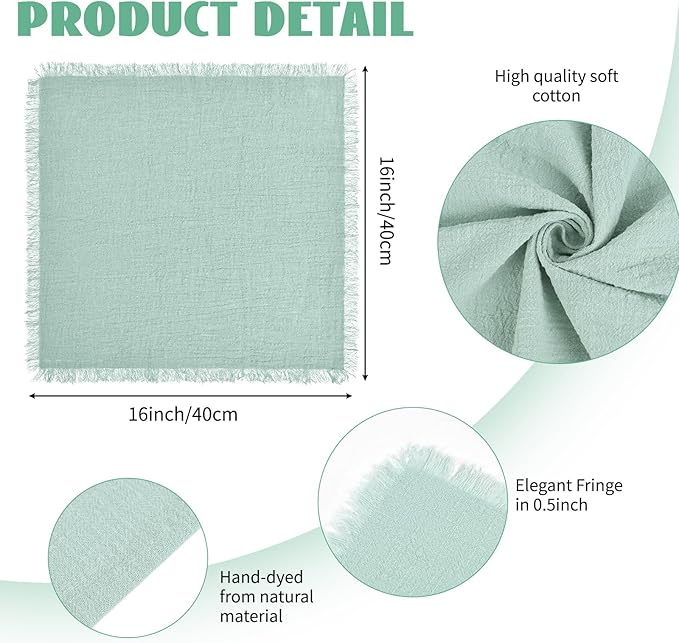 30 Packs Cotton Linen Napkins,Handmade Cloth Napkins Bulk with Fringe, Rustic Boho Napkins Cloth,Cloth Napkins for Romantic Wedding Party Event Dinner Birthday Table Decor(Sage Green,16 x 16 Inch)