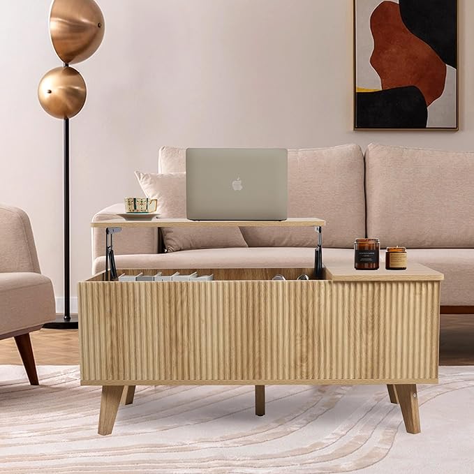 Boho Lift Top Coffee Table with Storage for Living Room, Bedroom, Rectangle Low Fluted Coffee Table with Drawers, Contemporary Pop Up Cofee Table Convertible Rising (Natural)