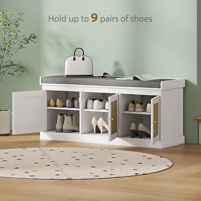 HOMCOM Shoe Bench with Woven Rattan Doors, Shoe Storage Bench with Cushion, Adjustable Shelves for 9 Pairs, Boho Style Entryway Bench for Bedroom, Living Room, 13.8 x 41.3 x 18.5 Inches, White