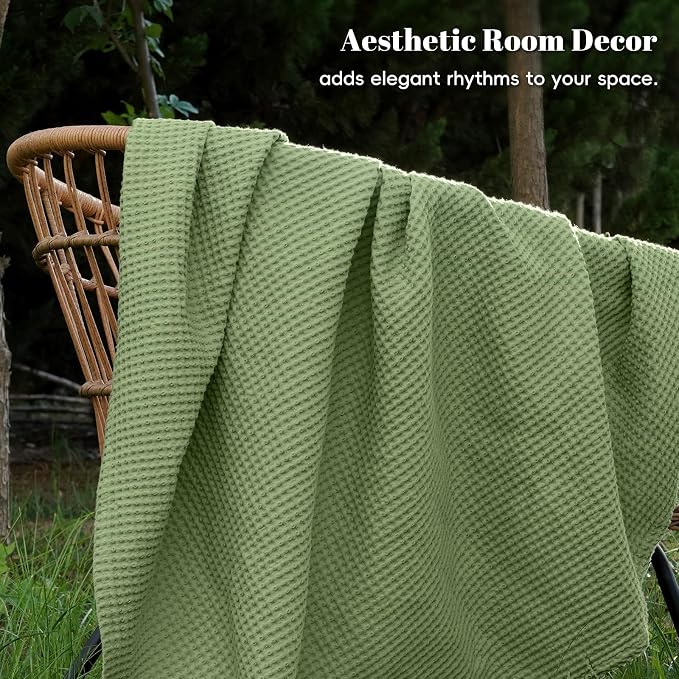 PHF Pre-Washed 100% Cotton Waffle Weave Blanket Twin Size for Bed,Snag Proof Throw Blanket for Couch Spring Summer Lightweight Breathable,Machine Washable, Home Decor Gift - Loden Green