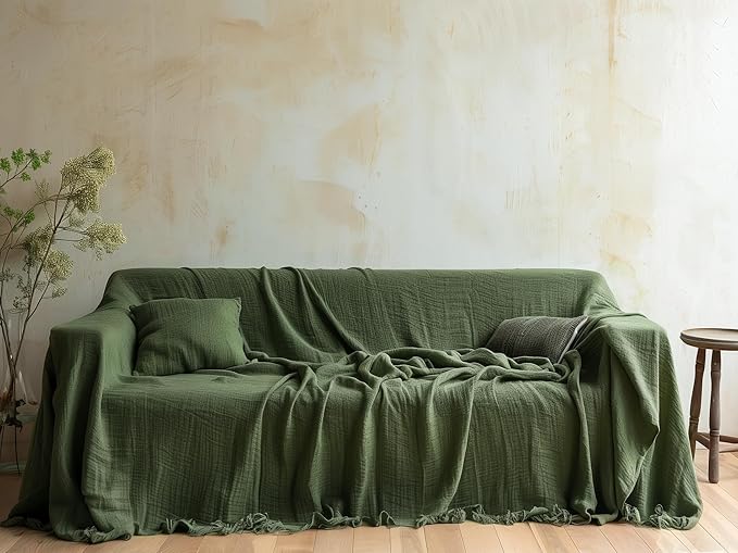 Extra Large Sofa Cover %100 Pure Cotton, Gauze Couch Covers for 4 Seater, Sectional Sofa, Oversize 4 Layered Muslin Natural Fabric, Cloud Like Washable Couch Cover (Green, 95x181" / 240x460 cm)