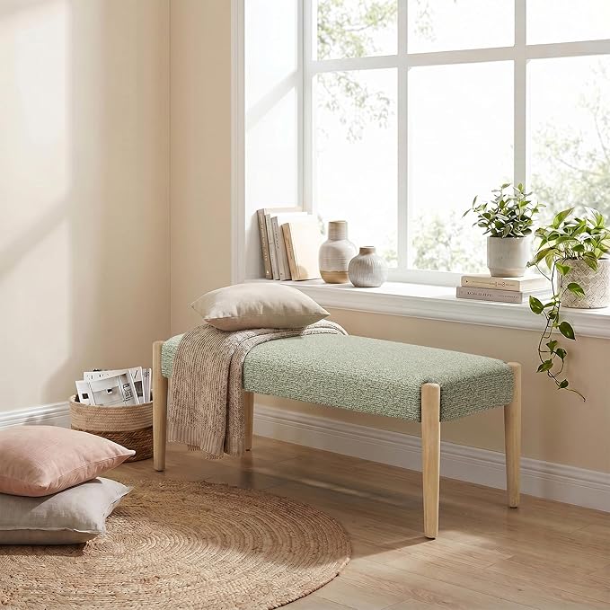 Usaint 42" End of Bed Bench, Modern Upholstered Bedroom Bench with Rubberwood Legs, Entryway Bench with Cushion, Dining Bench for Living Room, Bedroom, Green with Oak Leg