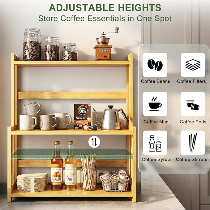Countertop Coffee Station Organizer, 3 Tier Bamboo Shelf for Coffee Bar Accessories, Coffee Bar Organizer for Home Kitchen