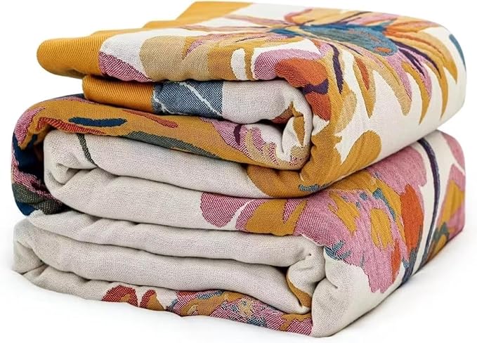 Boho Throw Blanket for Bed 100% Cotton Bohemian Blankets Ultra Soft Woven Muslin Decorative Blankets All Seasons Vintage Quilt Knitted Blanket for Sofa Chair(Yellow, 90"x98")