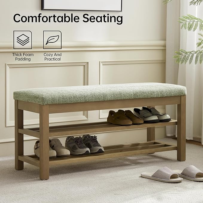 VKNOW 44.3” Wooden Entryway Bench, 2-Tier Upholstered Shoe Bench for Bedroom, Storage End of Bed Bench with Rubberwood Legs for Living Room, Hallway, Green