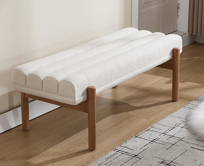 EALSON 47 Inch Entryway Bench Fabric Upholstered End of Bed Bench Modern Bedroom Bench with Cylindrical Cushion and Solid Wood Frame Comfy Chenille Long Ottoman Bench for Bedroom Living Room, Beige