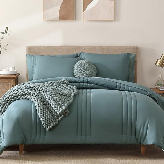 Monbix Super King Size Comforter Set - 7 Pieces Blue Green Bed in a Bag Super King Bedding Sets with Comforters, All Seasons Comforter Bed Set with Sheets,Pillowcases & Shams