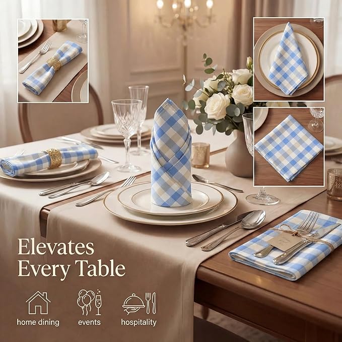 Urban Villa Cloth Napkins 100% Cotton Highly Absorbent Washable Reusable Premium Dinner Napkins Ideal for Gifts for Mothers Day Hotel Farmhouse Parties - Blue Sand Checks (20" x 20", Set of 12)