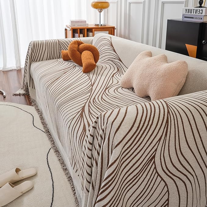 VClife XXL Sofa Cover Chenille Couch Cover for 3 Cushion Couch Sofa, Modern Beige Chocolate Striped Couch Covers for Kids Washable Sectional Sofa Protector with Tassel 71"X150"