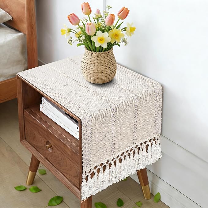 yuboo Boho Table Runner Short, Dresser Runner Cover Top, Beige Macrame Coffee Table Runners for Living Room Kitchen, Nightstand, End Table, Farmhouse Spring Dresser Decor, 48 Inches Long