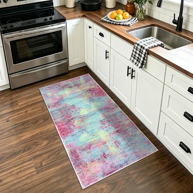 IOHOUZE Abstract Runner Rug 2x4 Ft Entryway Rugs Washable Door Mat Indoor Entrance, Rubber Backed Entryway Runners, Printed Faux Wool Non Slip Floor Carpet for Foyer Front Door Sink, Pink Teal
