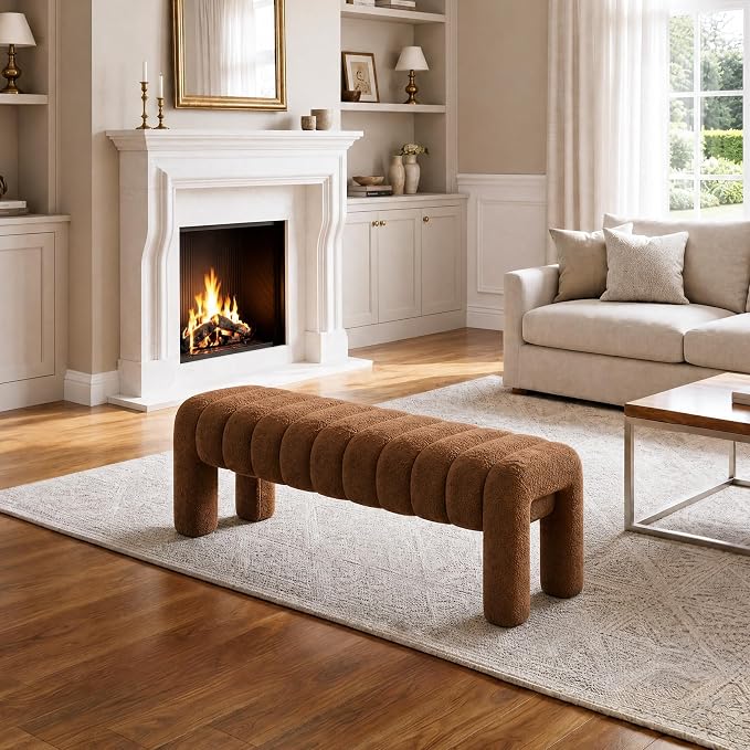43’’ Bedroom Bench, Upholstered End of Bed Bench with Solid Wood Legs, Modern Small Dining Bench with Full Covered Fabrics for Entryway, Bedroom, Living Room (Rust Brown, Boucle)