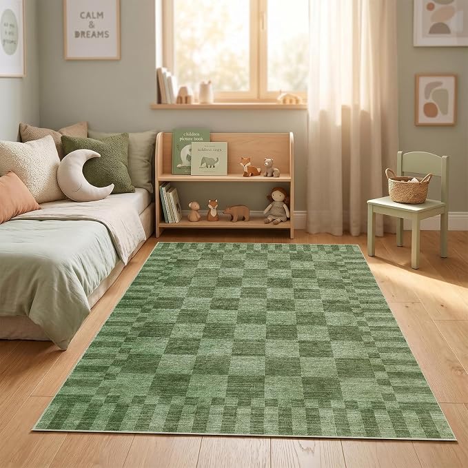 GarveeHome Moss Green Checkered Rug,Washable 3x5 Rug Non Slip for Entryway,Modern Soft Low-Pile,Neutral Farmhouse Geometric Checkerboard Rug,Small Area Rugs for Bedroom Kitchen Dining Room
