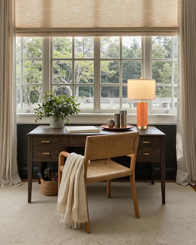 KDG 23.4" Orange PU Leather Table Lamps for Living Room Set of 2, E26 Socket LED Modern Home Decor Fabric Lampshade Desk Lamp Lighitng for Bedroom, Bedside, Farmhouse, Nightstand, Night Light
