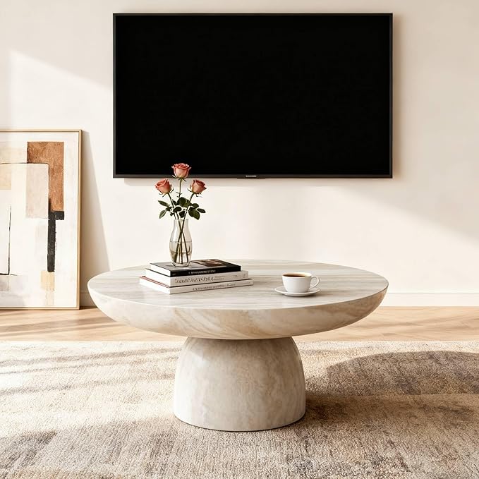 31.5" Round Coffee Table with Round Pedestal, Fiberglass Faux Marble Tabletop for Living Room, Modern Circle Center Table Tea Table for Apartment, Office, Beige Mars Pattern