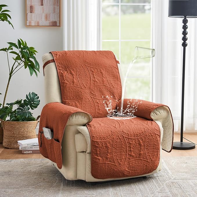 Orange Quilted Recliner Covers, Waterproof Recliner Chair Covers, Lazy Boy Chair Covers, Pet Friendly Recliner Slipcover for Dogs, Washable Sofa Couch Cover (Recliner 22", Burnt Orange)