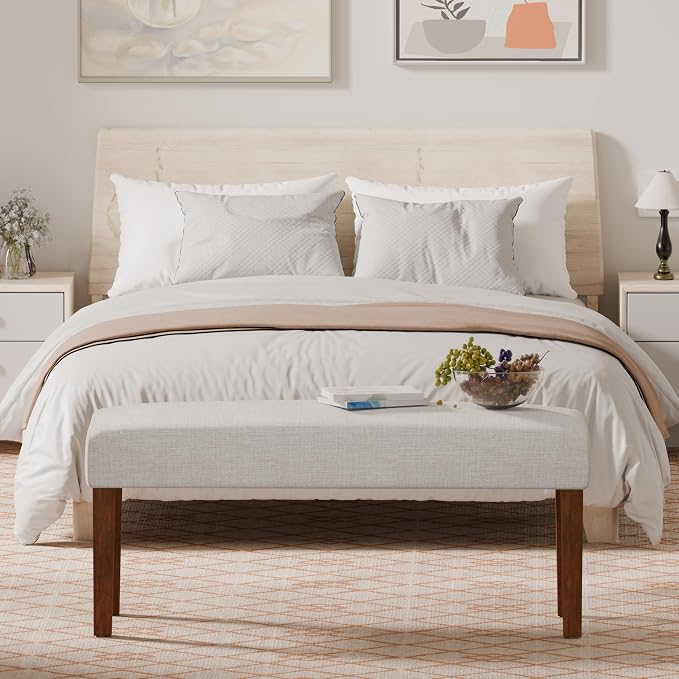 FAGAGA 44" Bedroom Bench, Fabric End of Bed Bench, Entryway Benches, Upholstered Ottoman Bench with Wood Legs for Kitchen, Indoor, Living Room and Hallway (Beige)