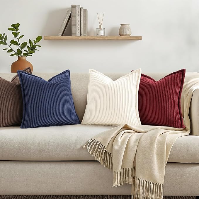 decorUhome Summer Corduroy Burgundy Throw Pillow Covers 16x16 Set of 2 Decorative Soft Boho Farmhouse Couch Pillow Covers for Living Room Bed Sofa Broadside Striped Pillow Cases