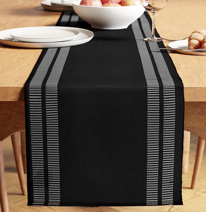 Encasa XO Dining Table Runner 13"x72" | Yarn Dyed Fine Ribbed Cotton | Ladder Black | Machine Washable