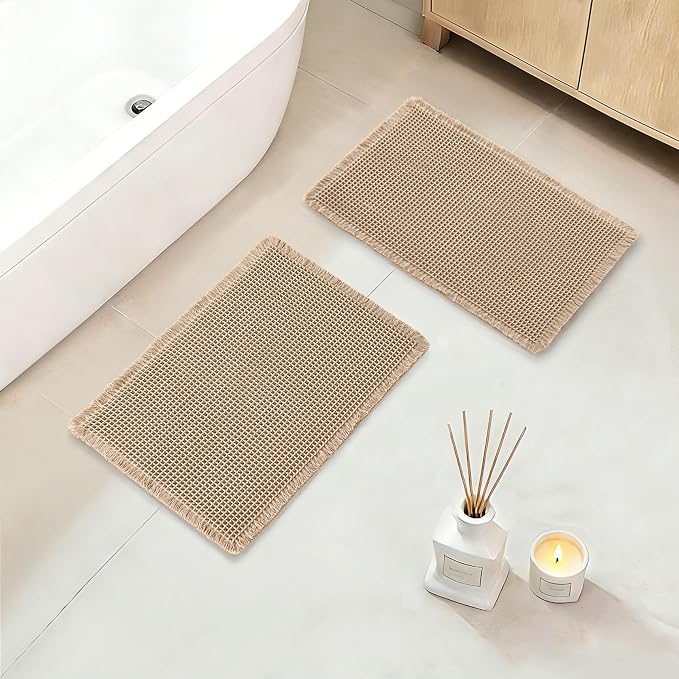 DWCN Waffle Bathroom Mat Set, Super Absorbent Non Slip Bath Rug Set for Bathroom Floor, Shower Mats 2 Pcs for Tub, Washable Kitchen Rugs for Farmhouse Boho Home Decor, 24 x 16 Inch, Brown