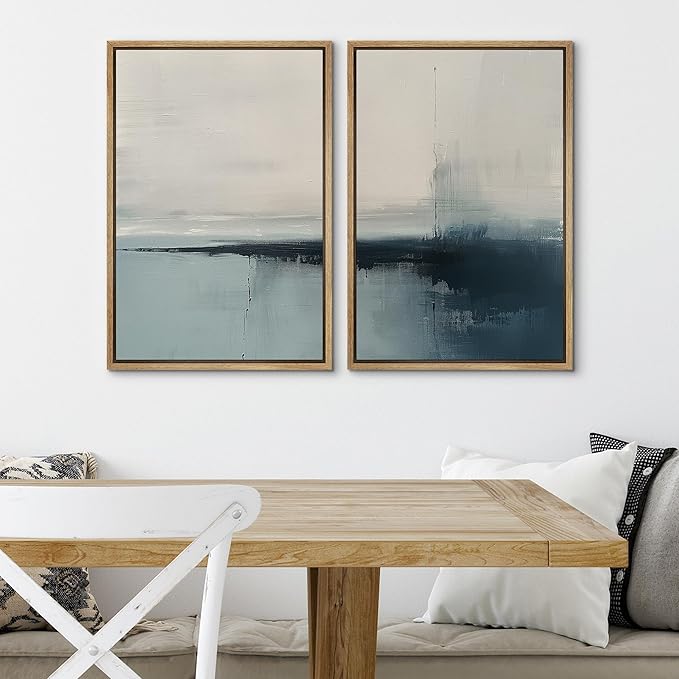 SIGNWIN Framed Canvas Print Wall Art Modern Blue Ocean Coastal Abstract Serene Neutral Tones with Subtle Patterns Illustrations Decorative for Living Room, Bedroom, Office - 16"x24"x2 Natural